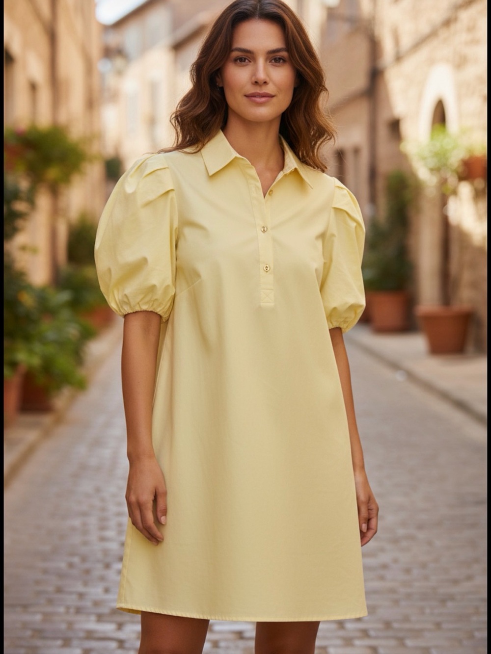 Puff-Sleeve Mini Shirt Dress in Pastel Yellow - Picture 2 of 4